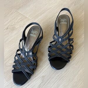 IMPO Stretch Black Strappy Slingback Sandals Memory Foam Kitten Heel 9.5